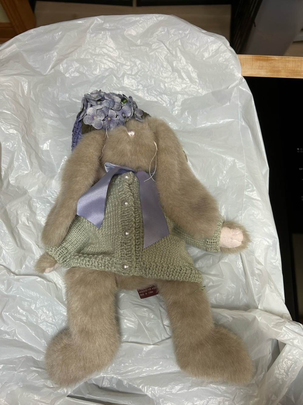 Bearington Leah 4116 Plush Bunny with Green Knit Cardigan, hydrangea and bonnet.